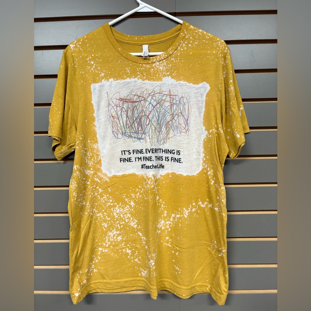 Custom Made Yellow “It’s Fine” Graphic T-Shirt with Splatter Design, women’s L